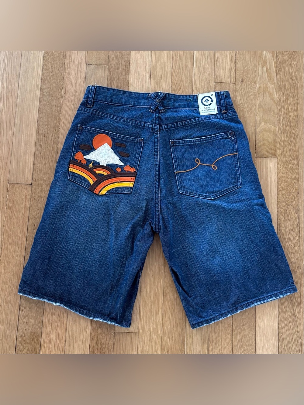 Vintage LRG Roots Baggy Denim Jorts 30 Mens 32 Embroidered Hip Hop Shorts Y2K